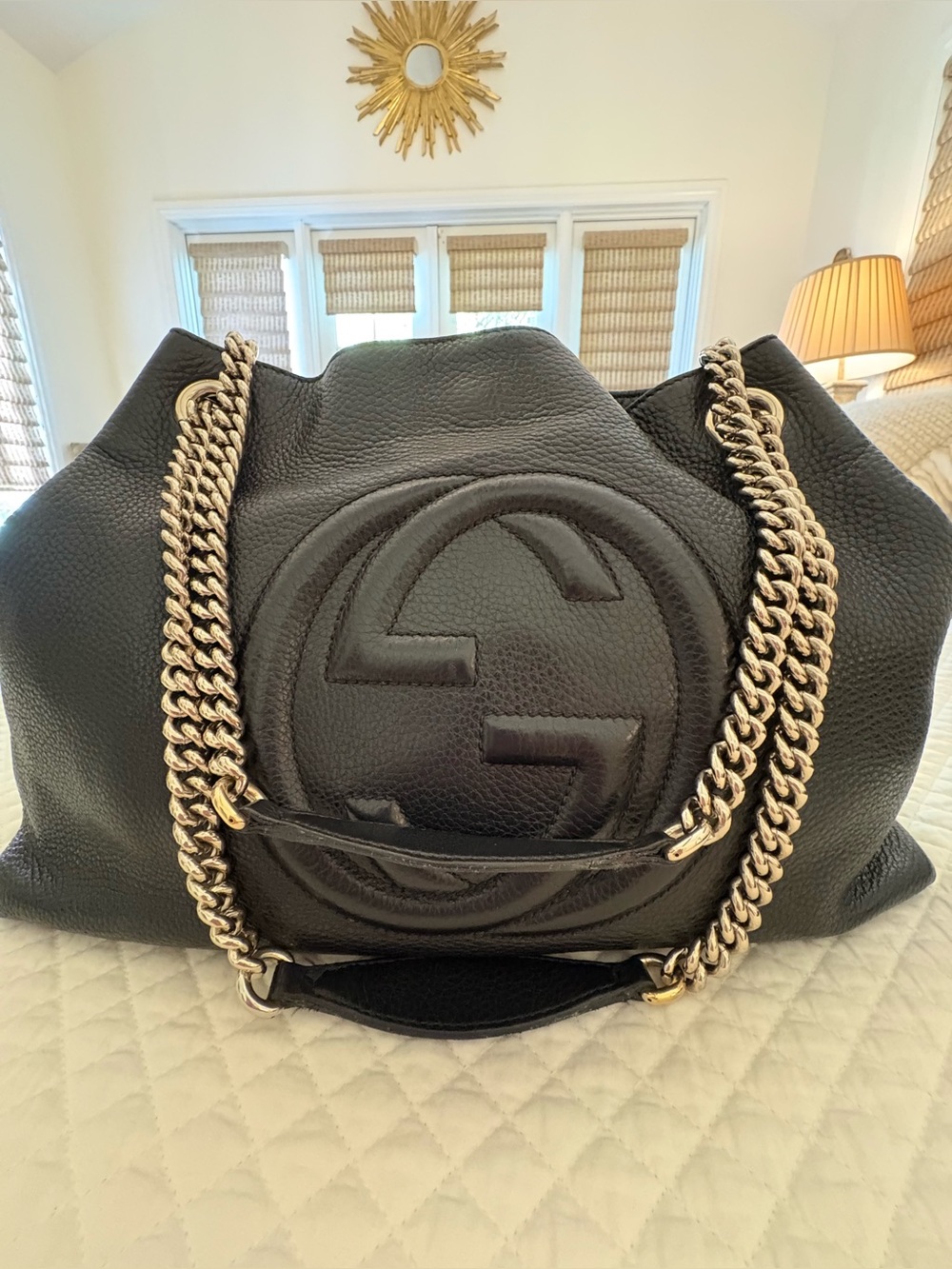 Gucci Black Pebbled Leather Shoulder Bag with Gold Chain
